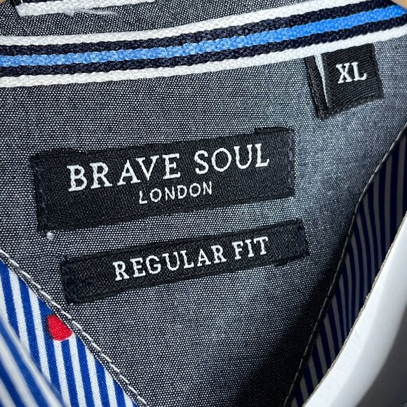 Brave Soul Top Mens XL Button Down Shirt Short Sleeve Blue Striped Work Casual - Picture 7 of 12